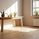 **

A minimalist apartment interior featuring natural materials like untreated wood and linen. Focus on clean lines, functional furniture, and a calming atmosphere. Sunlight streams through a window, illuminating a potted plant.

**