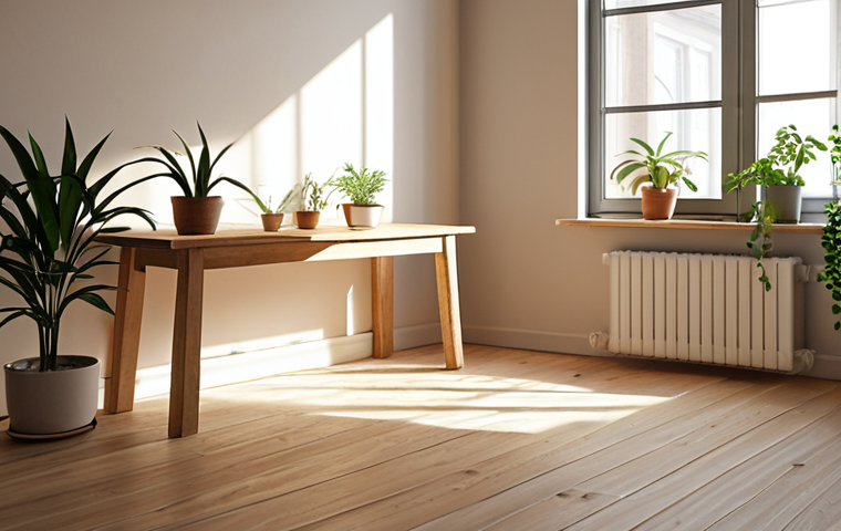 **
A minimalist apartment interior featuring natural materials like untreated wood and linen. Focus on clean lines, functional furniture, and a calming atmosphere. Sunlight streams through a window, illuminating a potted plant.
**