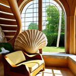 A serene and sunlit architectural interior, featuring natural wood and stone textures, with windows opening onto a lush, green garden. The room's layout and furniture subtly adhere to the Golden Ratio, creating a sense of natural balance and harmony. In the foreground, a perfectly formed nautilus shell and a vibrant sunflower head, clearly displaying Fibonacci spirals, symbolize the deep connection between nature's inherent beauty and human design. The atmosphere is calm, inviting, and embodies biophilic principles.
