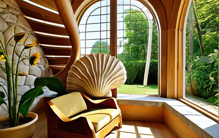 A serene and sunlit architectural interior, featuring natural wood and stone textures, with windows opening onto a lush, green garden. The room's layout and furniture subtly adhere to the Golden Ratio, creating a sense of natural balance and harmony. In the foreground, a perfectly formed nautilus shell and a vibrant sunflower head, clearly displaying Fibonacci spirals, symbolize the deep connection between nature's inherent beauty and human design. The atmosphere is calm, inviting, and embodies biophilic principles.