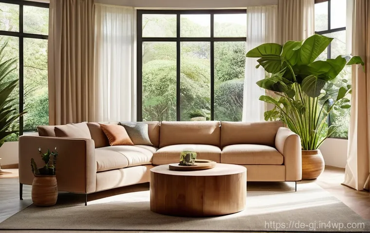 자연 형태 디자인의 감성적 요소 분석 - **A Serene Biophilic Living Room Oasis bathed in Soft Daylight**
"A cozy and inviting living roo...