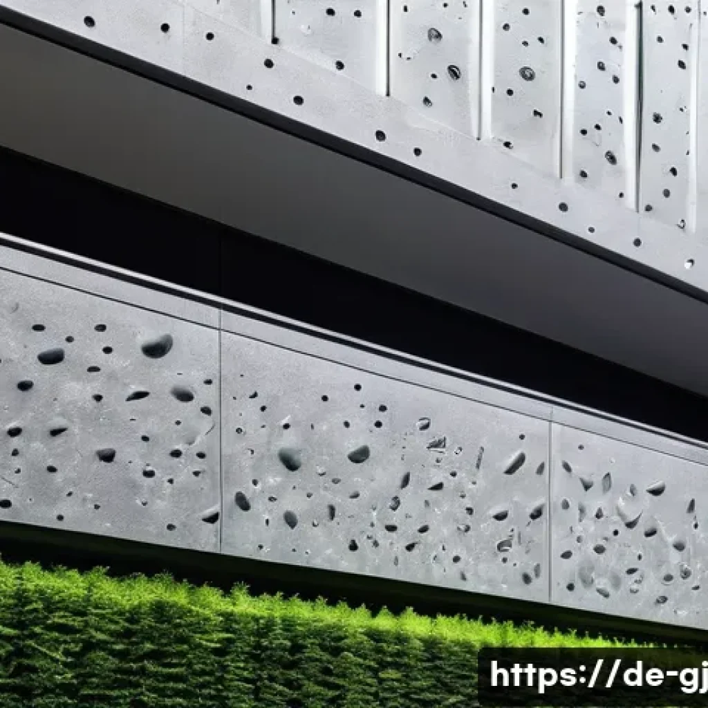 자연 형태와 기능성을 결합한 디자인 접근법 - **Prompt:** A detailed, close-up shot of a modern, eco-friendly urban facade on a day after a rain s...