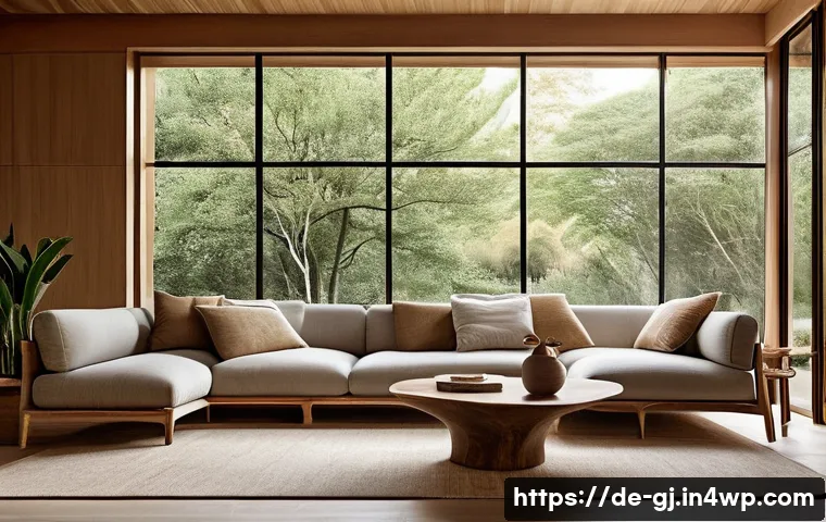 유기적 디자인을 위한 자연 형태의 원리 - **Prompt:** A serene and inviting living room designed with organic principles. The space is bathed ...