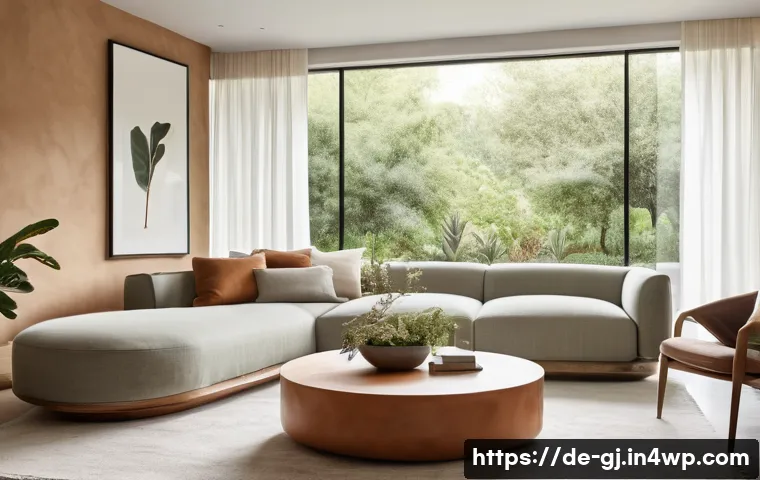 자연 형태 디자인의 변천사와 현재 - A serene and modern living room filled with natural light, showcasing a harmonious blend of material...