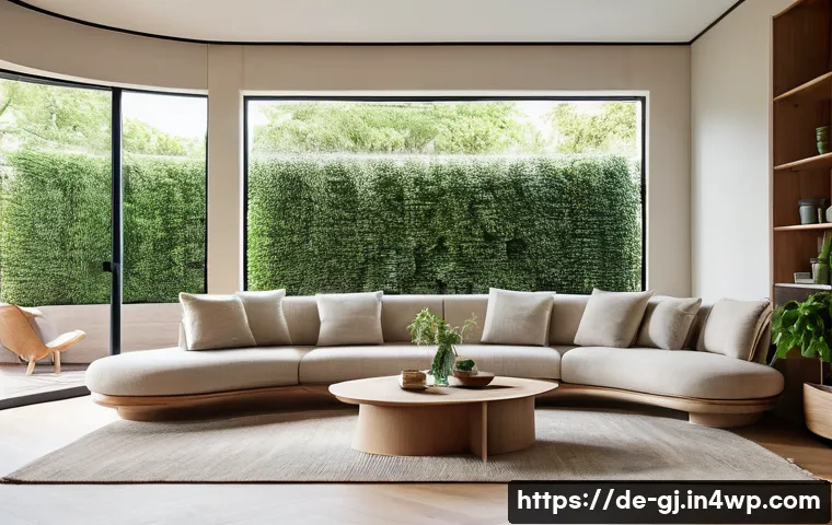 자연 형태 디자인에서의 공간 활용의 중요성 - A modern living room featuring organically shaped furniture with smooth, rounded edges: a curved sof...
