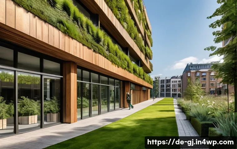 자연 형태 디자인의 국제적 사례 연구 - A futuristic urban scene in Hamburg featuring a modern timber high-rise building with natural wooden...