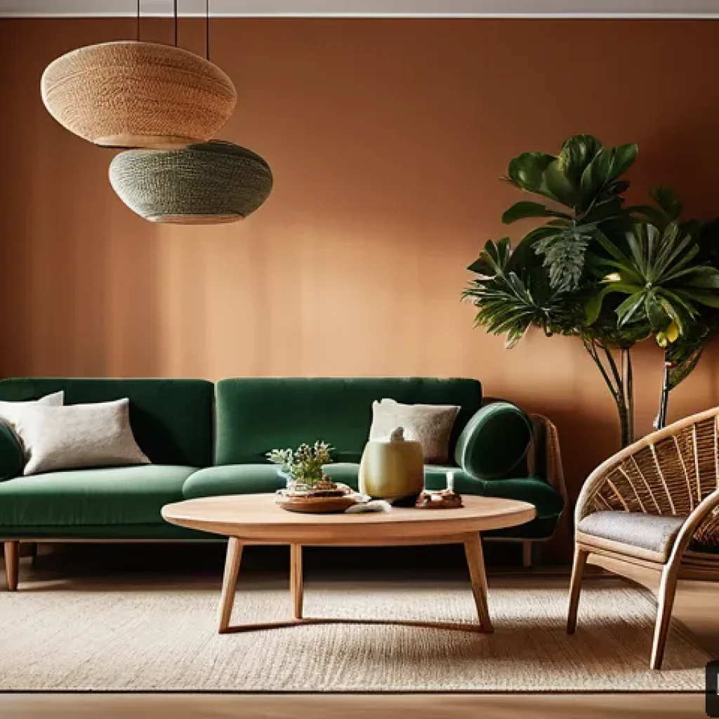 자연 형태 디자인의 다양한 스타일 탐구 - A cozy living room interior featuring organic design elements: a round wooden dining table with smoo...