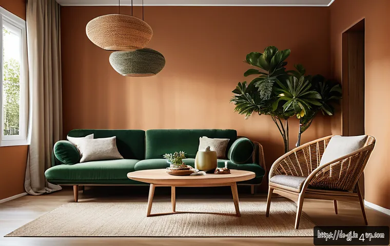 자연 형태 디자인의 다양한 스타일 탐구 - A cozy living room interior featuring organic design elements: a round wooden dining table with smoo...