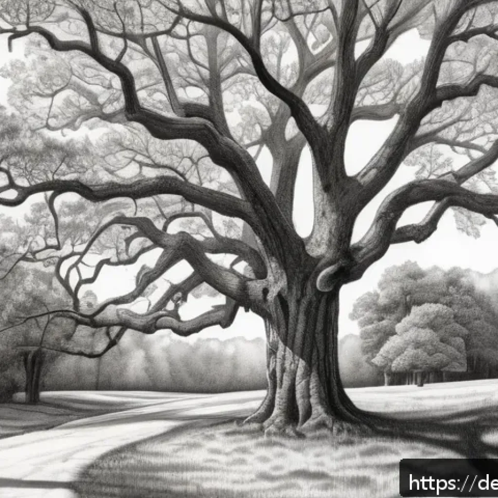 자연 형태 디자인을 위한 스케치 기술 - A detailed sketch of a mature oak tree in a natural forest setting, focusing on the intricate textur...