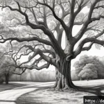 Home 22 자연 형태 디자인을 위한 스케치 기술 - A detailed sketch of a mature oak tree in a natural forest setting, focusing on the intricate textur...