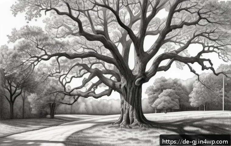 자연 형태 디자인을 위한 스케치 기술 - A detailed sketch of a mature oak tree in a natural forest setting, focusing on the intricate textur...