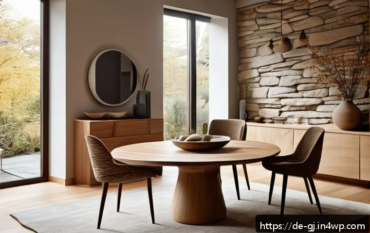 자연 형태 디자인에서의 경계 허물기 - A cozy living room interior featuring organic natural materials: a rustic wooden table with visible ...