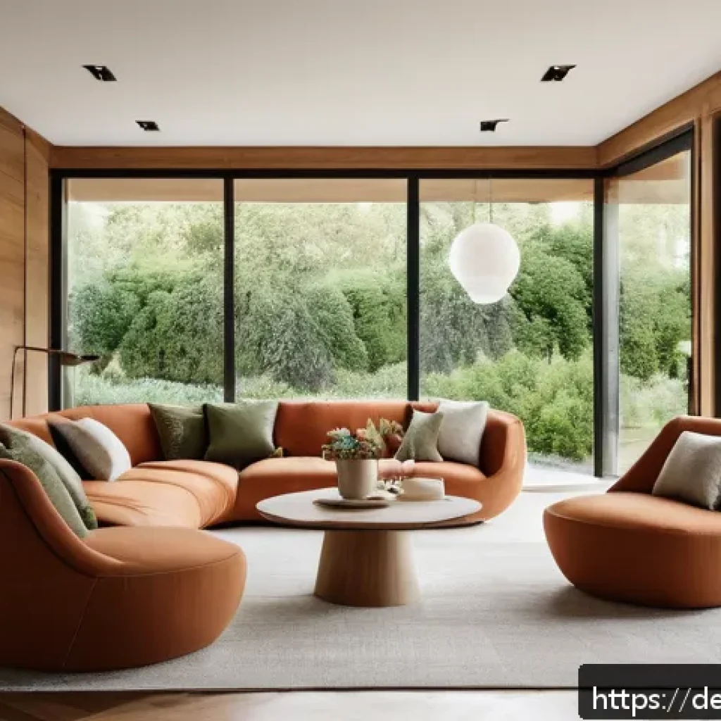 자연 형태 디자인의 요소와 원칙 - A modern living room interior showcasing organic design principles: flowing, gentle curved furniture...