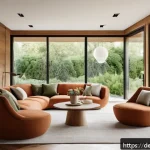 Home 19 자연 형태 디자인의 요소와 원칙 - A modern living room interior showcasing organic design principles: flowing, gentle curved furniture...