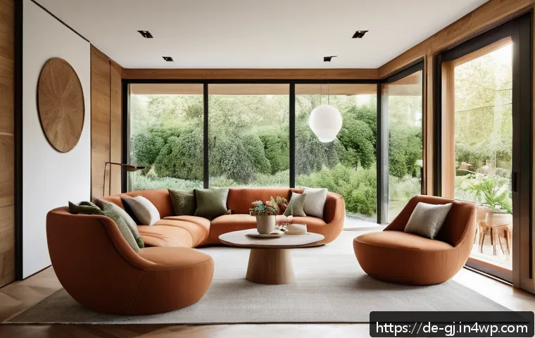 자연 형태 디자인의 요소와 원칙 - A modern living room interior showcasing organic design principles: flowing, gentle curved furniture...