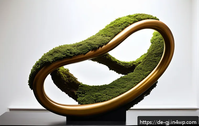 자연 형태에서 영감을 받아 진행한 아트워크 - A contemporary art gallery setting showcasing an abstract sculpture composed of intertwined organic ...