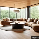 Home 23 자연 형태와 감성을 결합한 디자인 연구 - A cozy modern living room in a German home featuring organic design elements: rounded wooden furnitu...