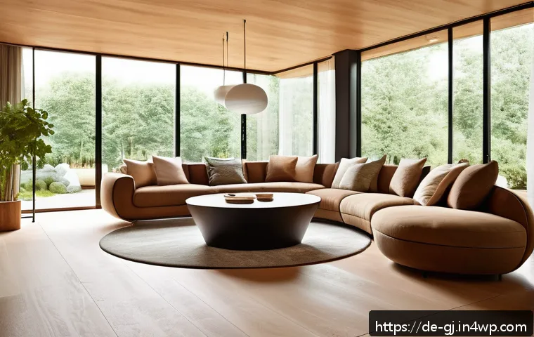 자연 형태와 감성을 결합한 디자인 연구 - A cozy modern living room in a German home featuring organic design elements: rounded wooden furnitu...