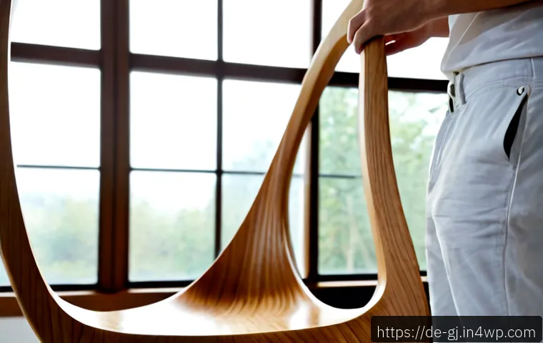 자연 형태 디자인에서의 형태와 기능의 관계 - Photorealistic close-up of a biomimicry product designer examining a pale wood chair inspired by the...